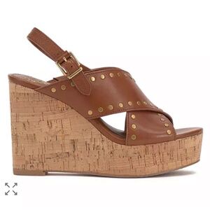 Cognac Leather Cork Wedge with Gold Studs
